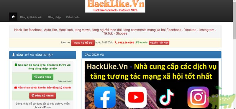 Truy cập vào phần mềm hack like fanpage Facebook hacklike.vn